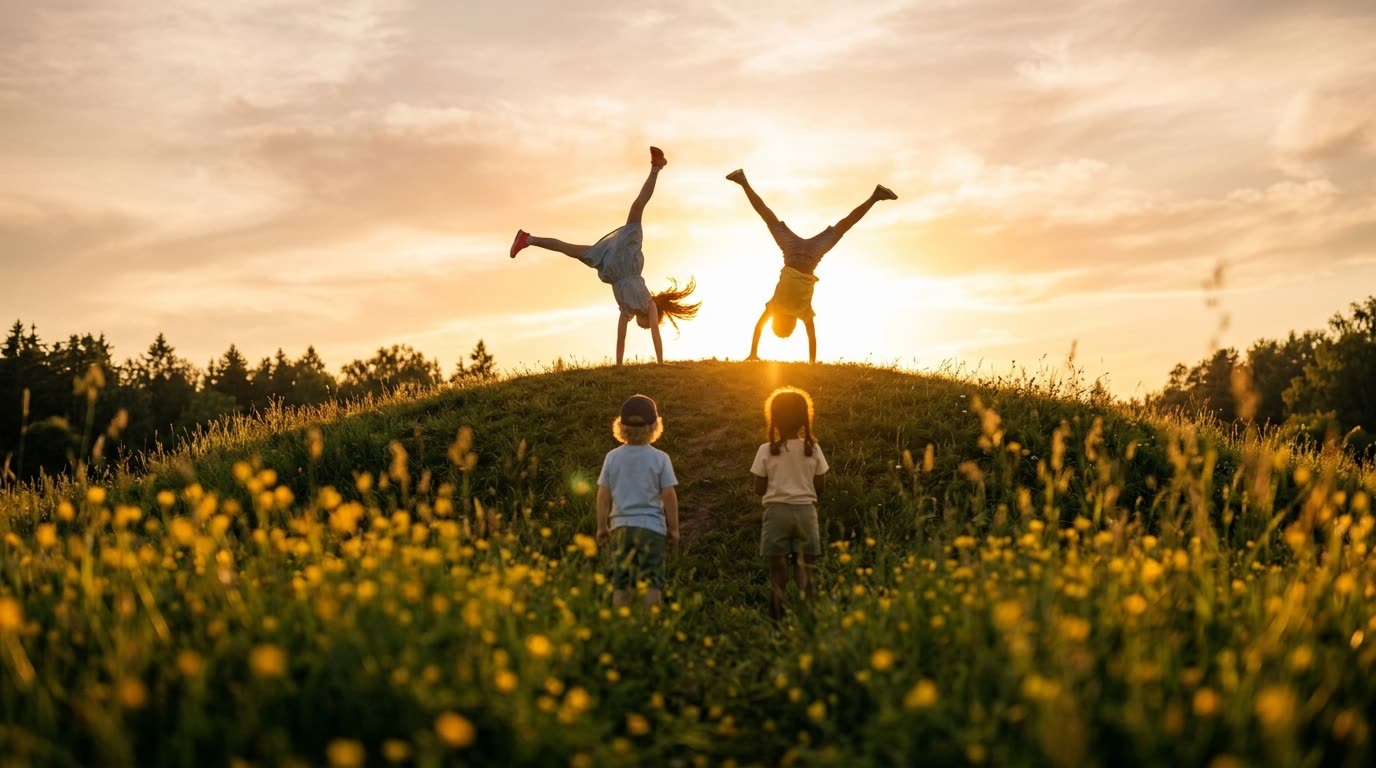 Crianças brincando de estrela no alto de um morro ao pôr do sol