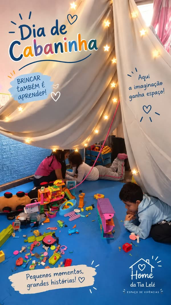 Dia de Cabaninha: crianças brincando embaixo de uma cabana de tecido com luzinhas